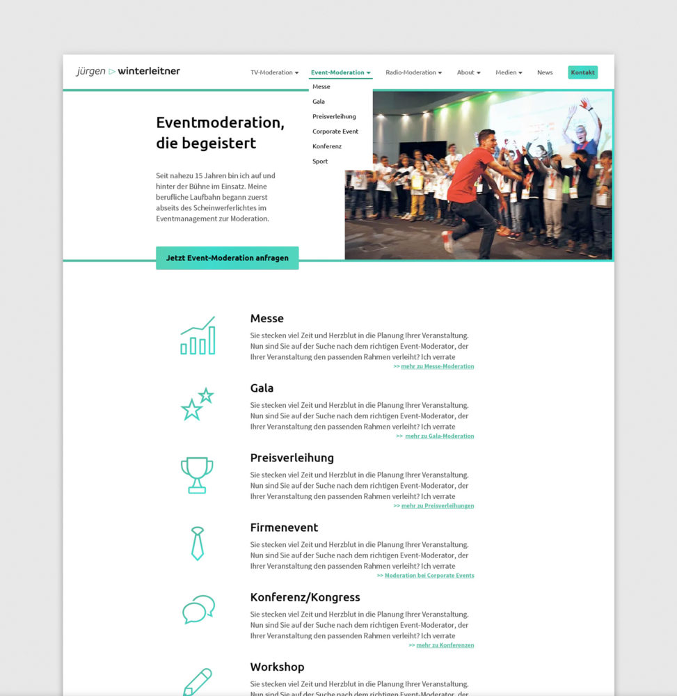 Unterseite der Website für den Moderator Jürgen Winterleitner zum Thema Eventmoderation