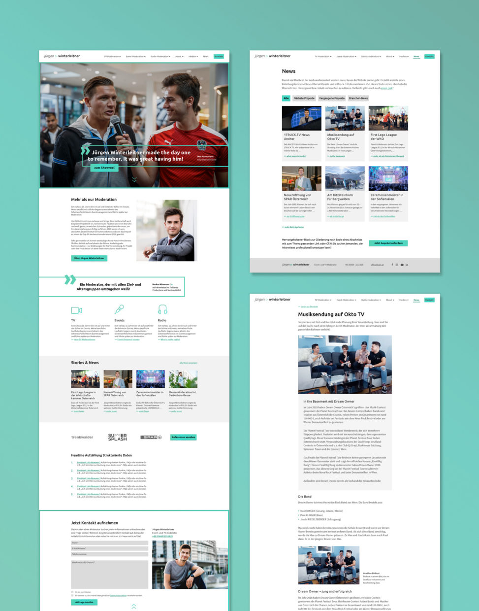Showcase des Webdesign für den Moderator Jürgen Winterleitner mit drei verschiedenen Bereichen der Website: Startseite, Newsübersicht und Newsbeitrag