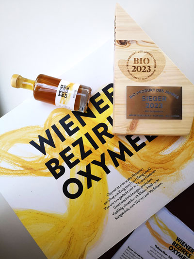 Preis "Wiener Bio-Produkt des Jahres 2023" für die Oxymel-Degustationsbox der Wiener Bezirksimkerei